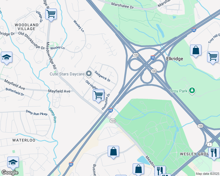 map of restaurants, bars, coffee shops, grocery stores, and more near 6485 Woodland Forest Drive in Elkridge