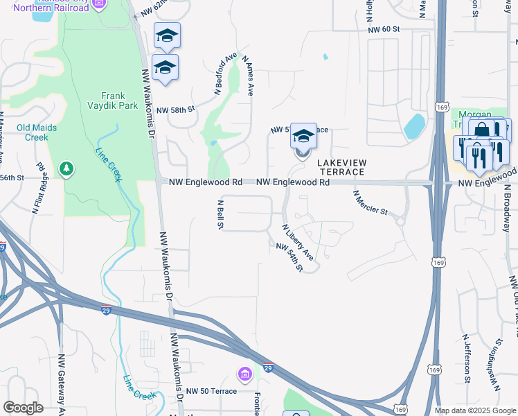 map of restaurants, bars, coffee shops, grocery stores, and more near 5508 North Wyoming Street in Kansas City