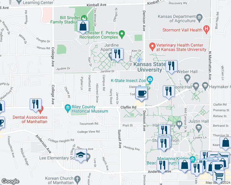 map of restaurants, bars, coffee shops, grocery stores, and more near 1501 Jarvis Drive in Manhattan