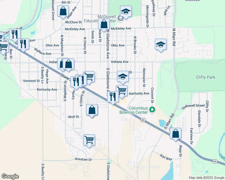 map of restaurants, bars, coffee shops, grocery stores, and more near 411 South Gladstone Avenue in Columbus