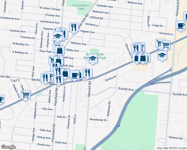 map of restaurants, bars, coffee shops, grocery stores, and more near 7505 Montgomery Road in Cincinnati
