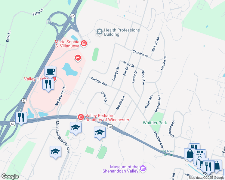 map of restaurants, bars, coffee shops, grocery stores, and more near 1565 Whittier Avenue in Winchester
