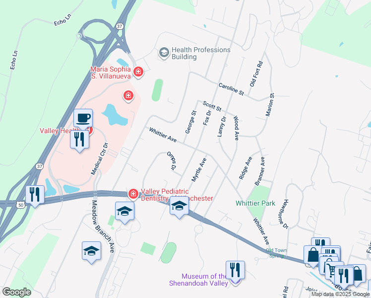 map of restaurants, bars, coffee shops, grocery stores, and more near 1565 Whittier Avenue in Winchester