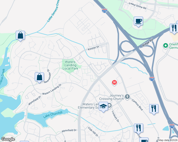 map of restaurants, bars, coffee shops, grocery stores, and more near 13051 Shadyside Lane in Germantown