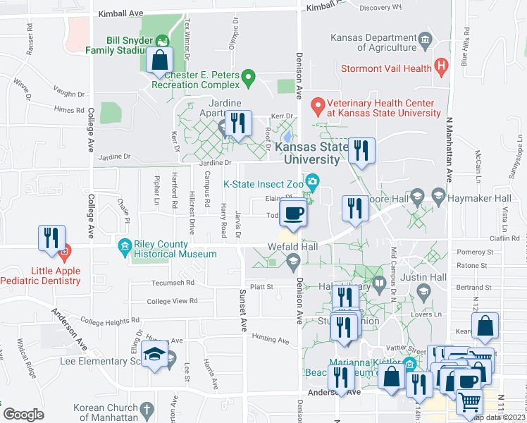 map of restaurants, bars, coffee shops, grocery stores, and more near 1836 Todd Road in Manhattan