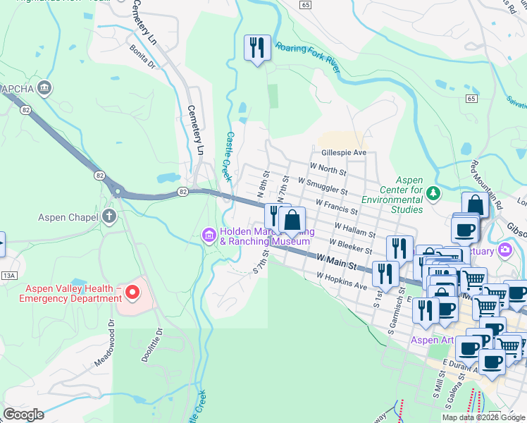 map of restaurants, bars, coffee shops, grocery stores, and more near 834 West Hallam Street in Aspen