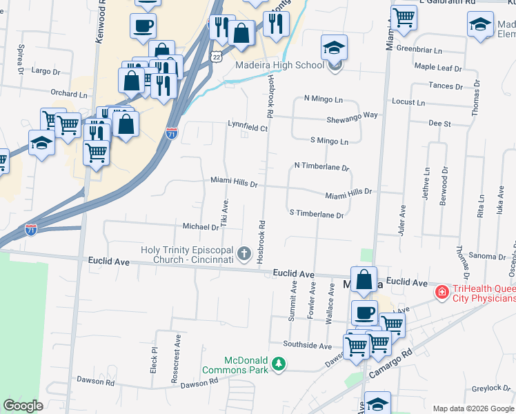 map of restaurants, bars, coffee shops, grocery stores, and more near 7296 Bobby Lane in Cincinnati