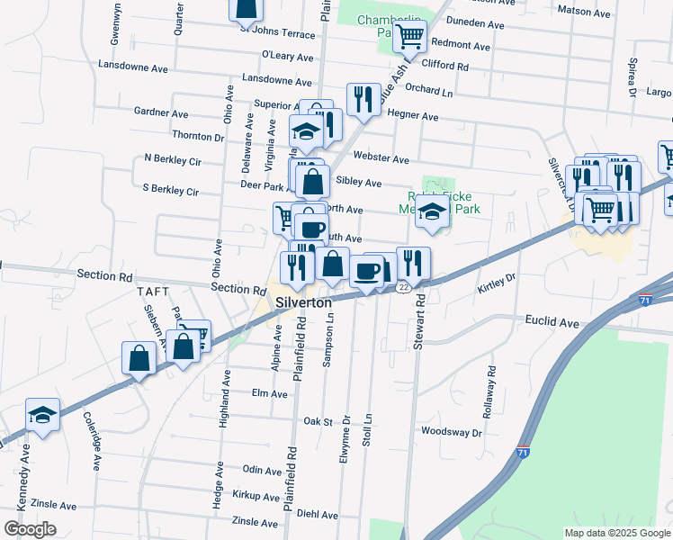 map of restaurants, bars, coffee shops, grocery stores, and more near 6940 Silverton Avenue in Cincinnati