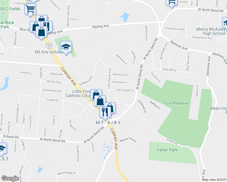 map of restaurants, bars, coffee shops, grocery stores, and more near 2378 Van Leunen Drive in Cincinnati