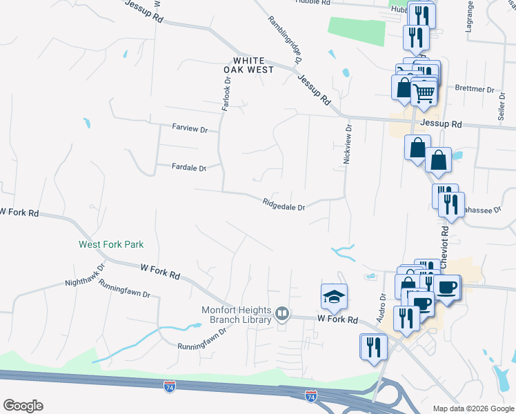 map of restaurants, bars, coffee shops, grocery stores, and more near 3898 Ridgedale Drive in Cincinnati