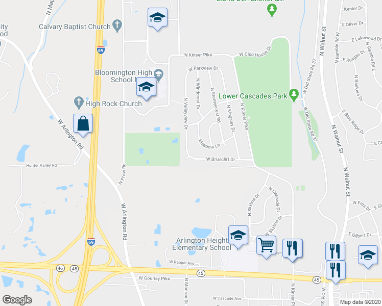 map of restaurants, bars, coffee shops, grocery stores, and more near 3131 North Valleyview Drive in Bloomington