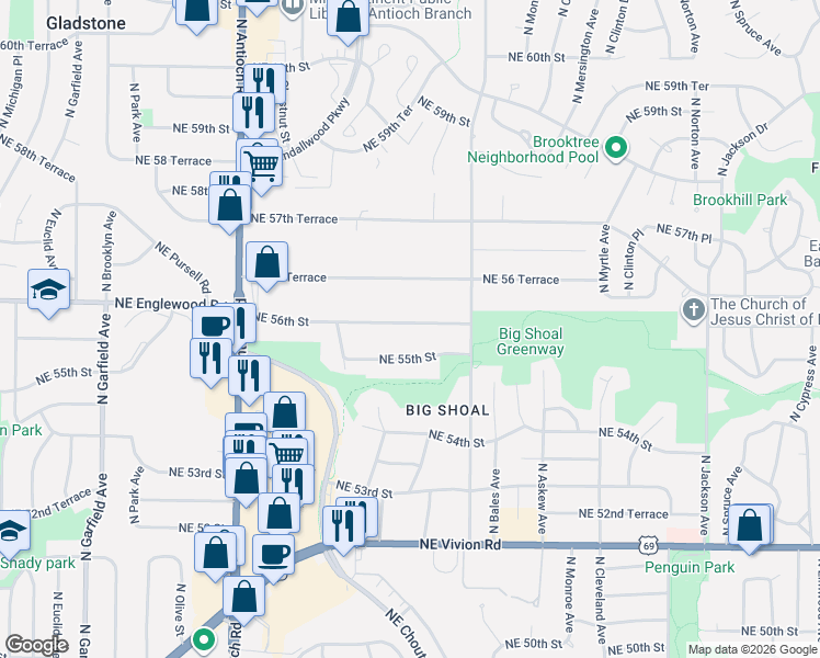 map of restaurants, bars, coffee shops, grocery stores, and more near 3122 Northeast 56th Street in Kansas City