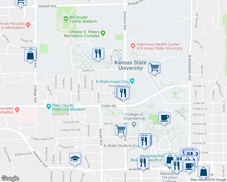 map of restaurants, bars, coffee shops, grocery stores, and more near 1813 Elaine Drive in Manhattan