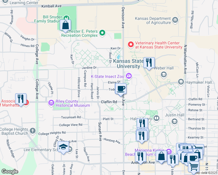 map of restaurants, bars, coffee shops, grocery stores, and more near 1841 Elaine Drive in Manhattan
