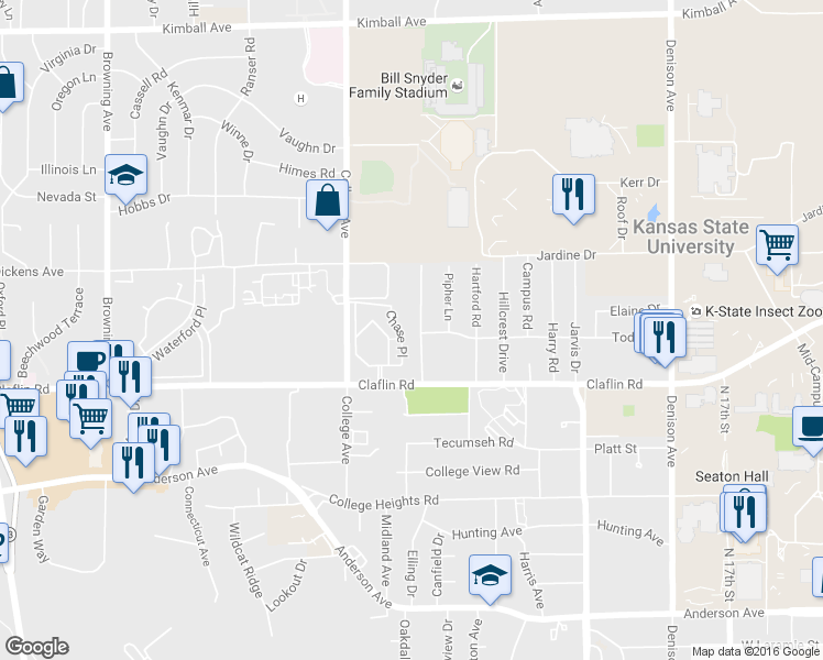 map of restaurants, bars, coffee shops, grocery stores, and more near 1501 University Drive in Manhattan