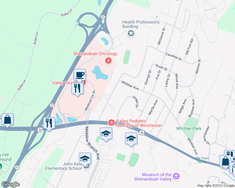 map of restaurants, bars, coffee shops, grocery stores, and more near 274 Linden Drive in Winchester
