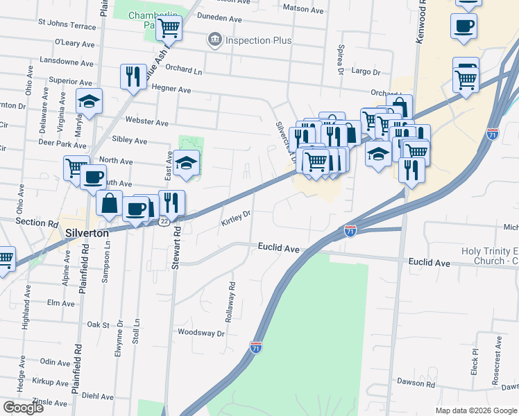 map of restaurants, bars, coffee shops, grocery stores, and more near 6962 Ken Arbre Drive in Cincinnati