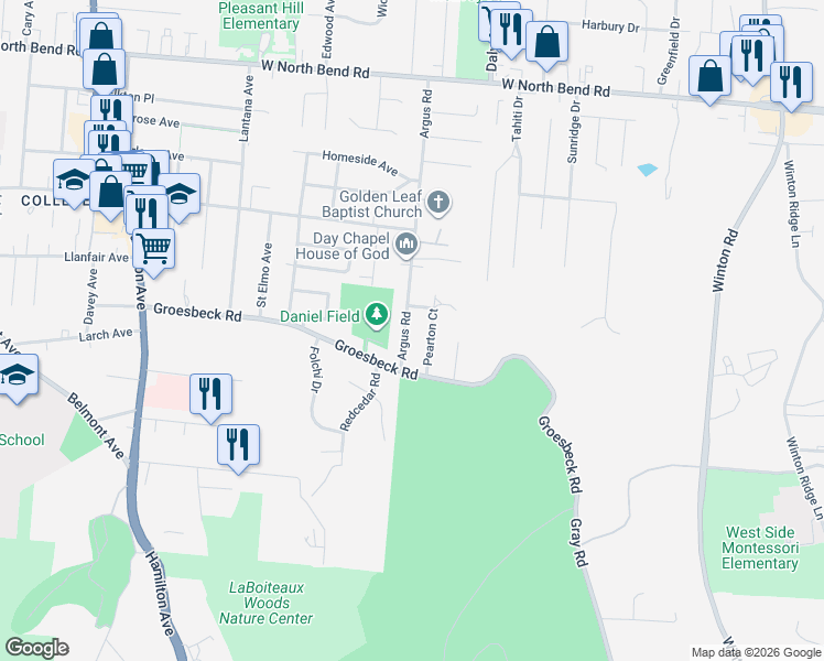 map of restaurants, bars, coffee shops, grocery stores, and more near 5746 Argus Road in Cincinnati