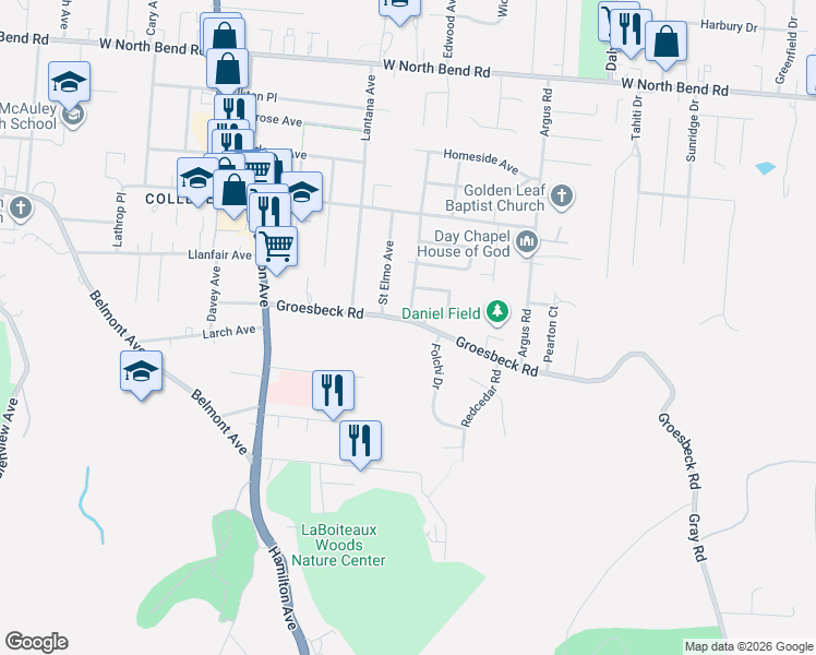 map of restaurants, bars, coffee shops, grocery stores, and more near 1200 Groesbeck Road in Cincinnati