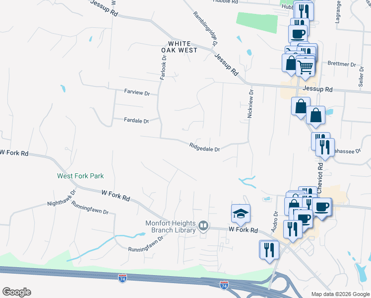 map of restaurants, bars, coffee shops, grocery stores, and more near 3898 Ridgedale Drive in Cincinnati