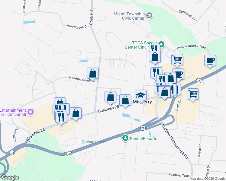 map of restaurants, bars, coffee shops, grocery stores, and more near 5896 Elm Street in Milford