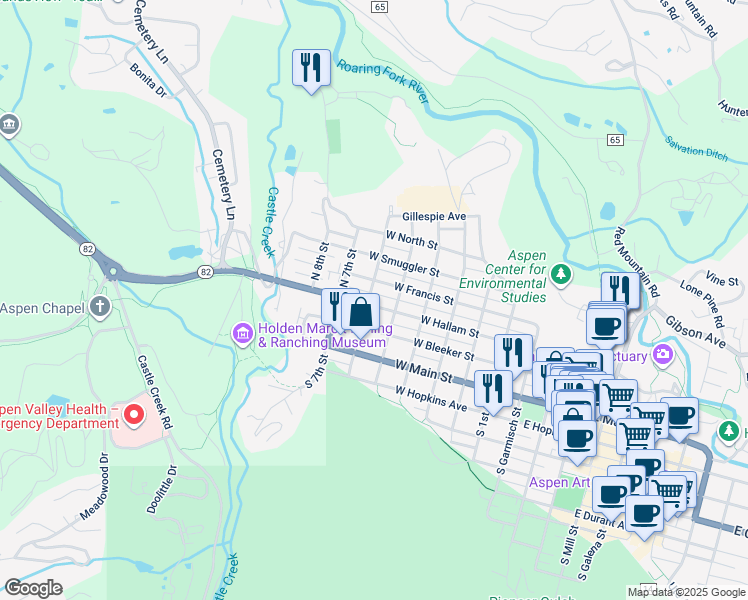 map of restaurants, bars, coffee shops, grocery stores, and more near 630 West Hallam Street in Aspen