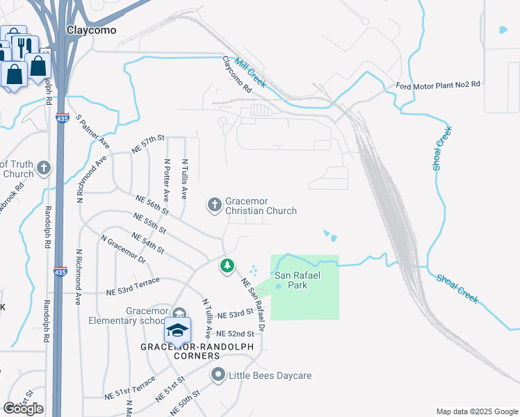 map of restaurants, bars, coffee shops, grocery stores, and more near 5612 North Booth Avenue in Kansas City