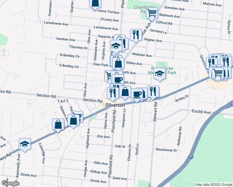 map of restaurants, bars, coffee shops, grocery stores, and more near 6940 Plainfield Road in Silverton