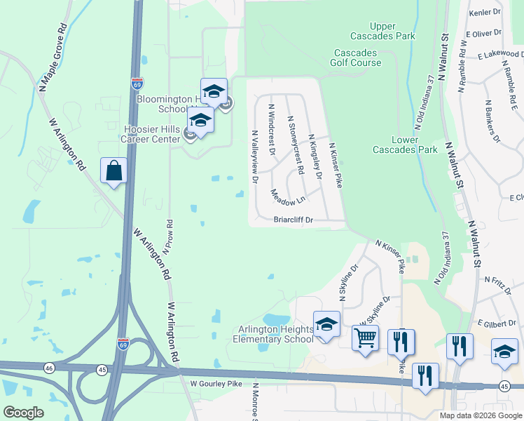 map of restaurants, bars, coffee shops, grocery stores, and more near 3131 North Valleyview Drive in Bloomington