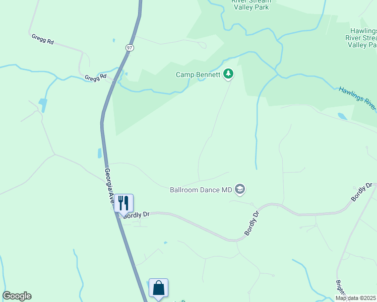 map of restaurants, bars, coffee shops, grocery stores, and more near 20514 Camp Bennett Court in Brookeville