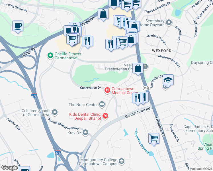 map of restaurants, bars, coffee shops, grocery stores, and more near 20605 Panthers Ridge Way in Germantown