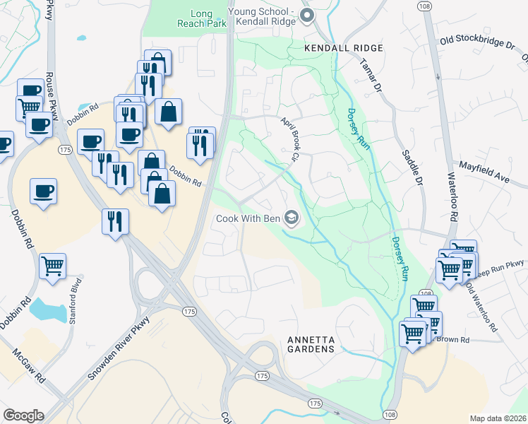 map of restaurants, bars, coffee shops, grocery stores, and more near 8432 Gold Sunset Way in Columbia