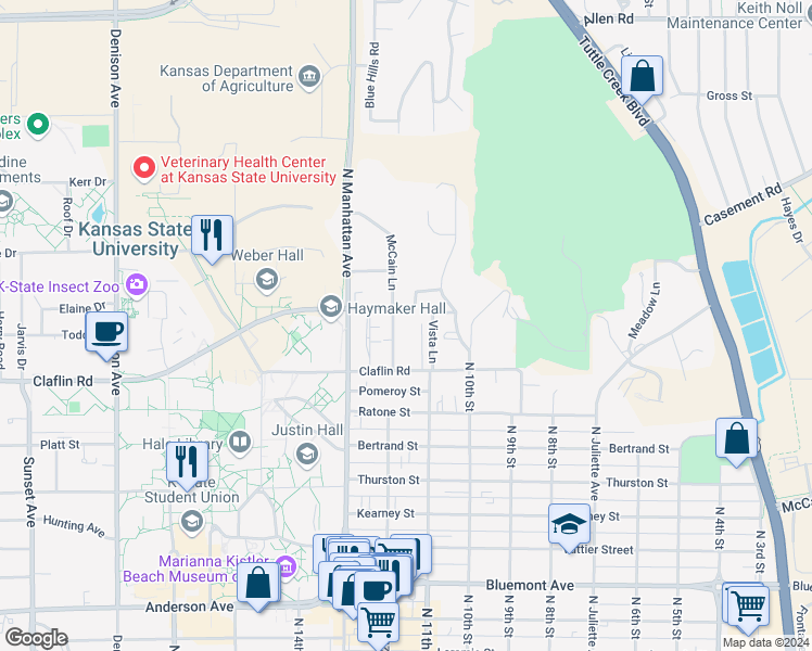 map of restaurants, bars, coffee shops, grocery stores, and more near 1432 McCain Lane in Manhattan