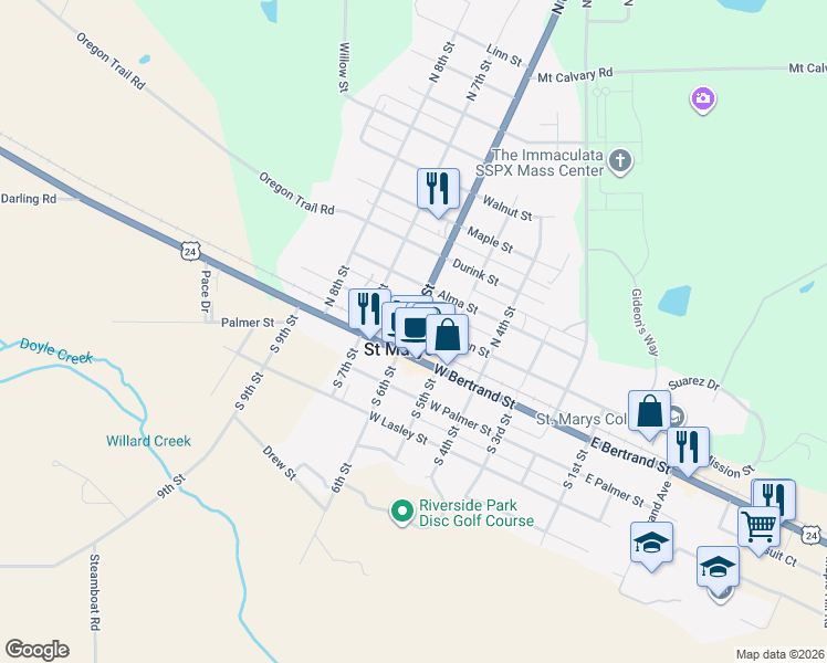 map of restaurants, bars, coffee shops, grocery stores, and more near 512-598 W Mission St in St Marys