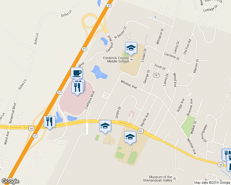 map of restaurants, bars, coffee shops, grocery stores, and more near 274 Linden Drive in Winchester