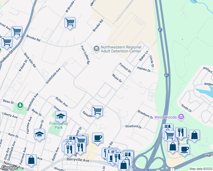 map of restaurants, bars, coffee shops, grocery stores, and more near 126 Longstreet Avenue in Winchester