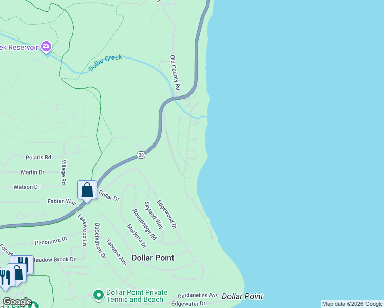 map of restaurants, bars, coffee shops, grocery stores, and more near 3600 North Lake Boulevard in Tahoe City