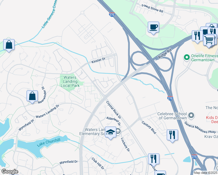 map of restaurants, bars, coffee shops, grocery stores, and more near 13041 Bridger Drive in Germantown
