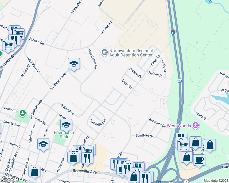 map of restaurants, bars, coffee shops, grocery stores, and more near 126 Longstreet Avenue in Winchester