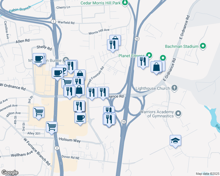 map of restaurants, bars, coffee shops, grocery stores, and more near 210 Spring Maiden Court in Glen Burnie