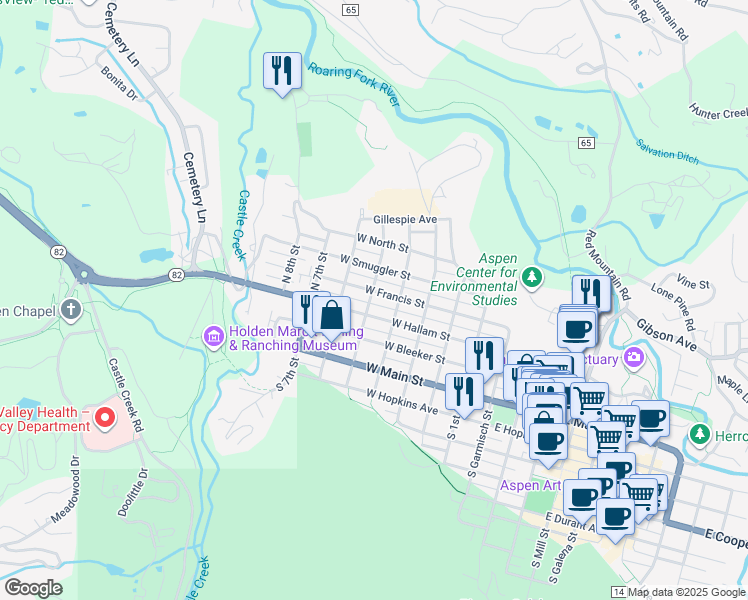 map of restaurants, bars, coffee shops, grocery stores, and more near 615 West Francis Street in Aspen