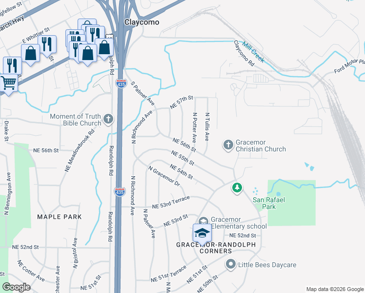map of restaurants, bars, coffee shops, grocery stores, and more near 7805 Northeast 56th Street in Kansas City