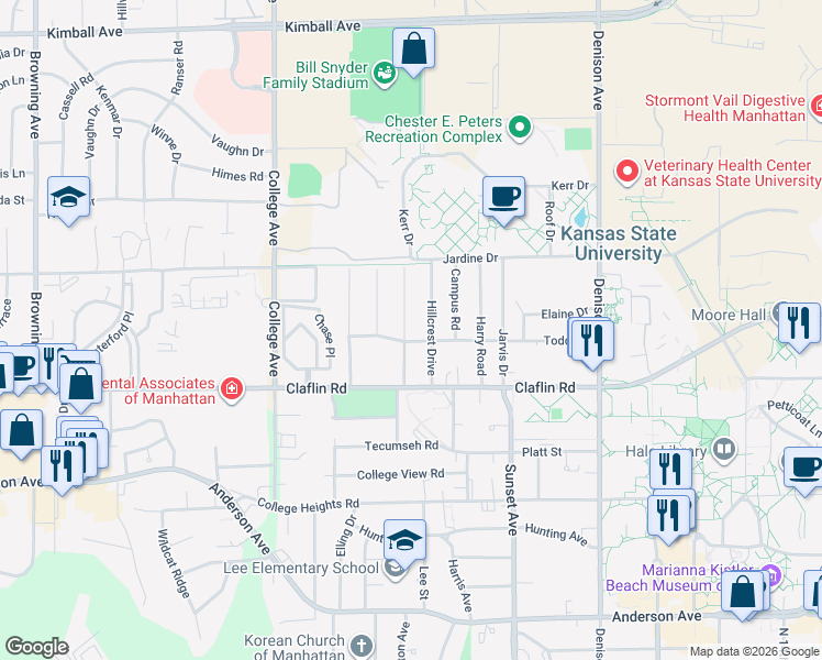 map of restaurants, bars, coffee shops, grocery stores, and more near 1513 Hillcrest Drive in Manhattan