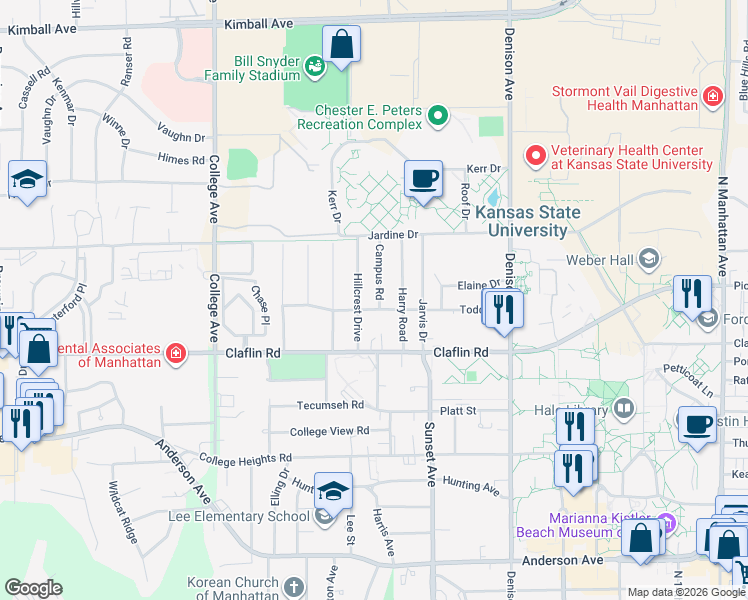 map of restaurants, bars, coffee shops, grocery stores, and more near 1512 Campus Road in Manhattan