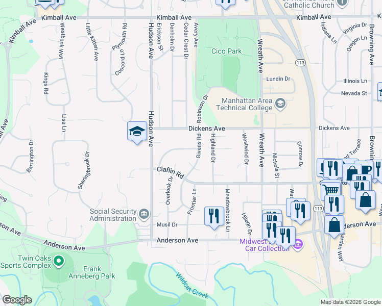 map of restaurants, bars, coffee shops, grocery stores, and more near 3405 Chimney Rock Road in Manhattan