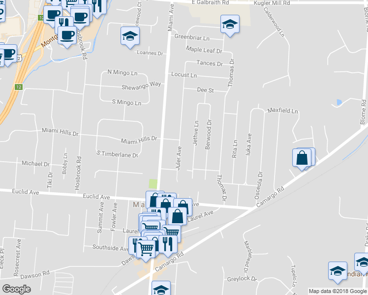map of restaurants, bars, coffee shops, grocery stores, and more near 7328 Juler Avenue in Cincinnati