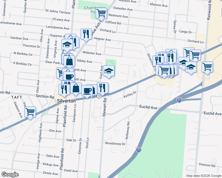 map of restaurants, bars, coffee shops, grocery stores, and more near 7505 Montgomery Road in Cincinnati