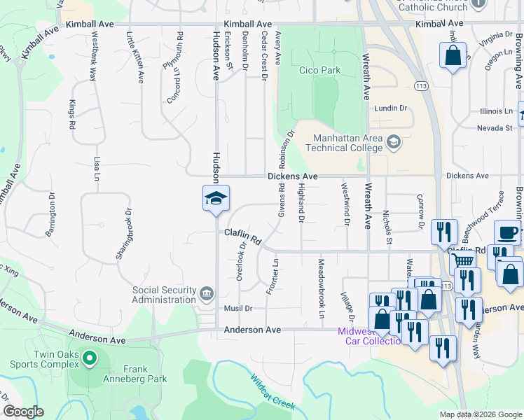 map of restaurants, bars, coffee shops, grocery stores, and more near 3401-3405 Chimney Rock Road in Manhattan