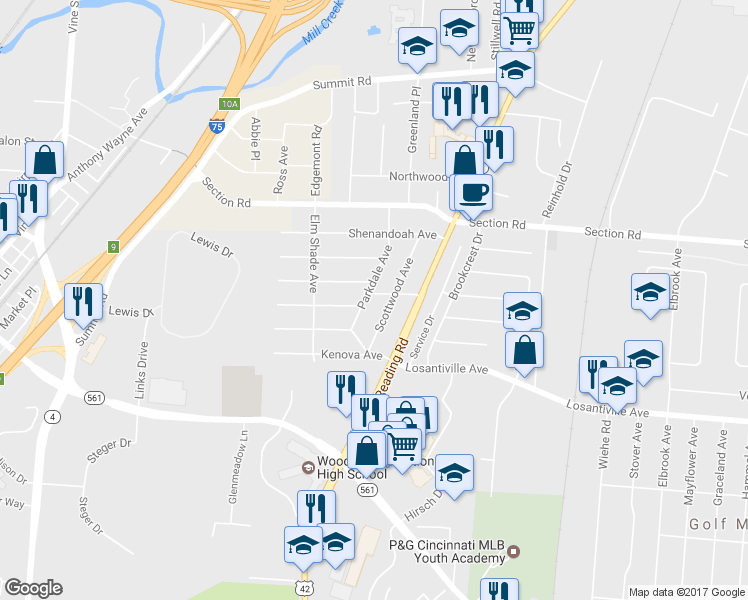 map of restaurants, bars, coffee shops, grocery stores, and more near 1607 Rosecliff Avenue in Cincinnati