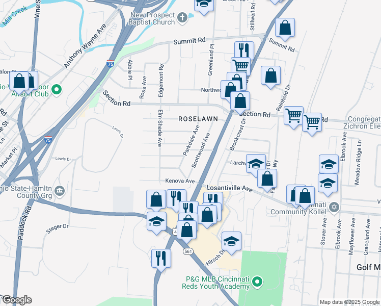 map of restaurants, bars, coffee shops, grocery stores, and more near 1607 Rosecliff Avenue in Cincinnati